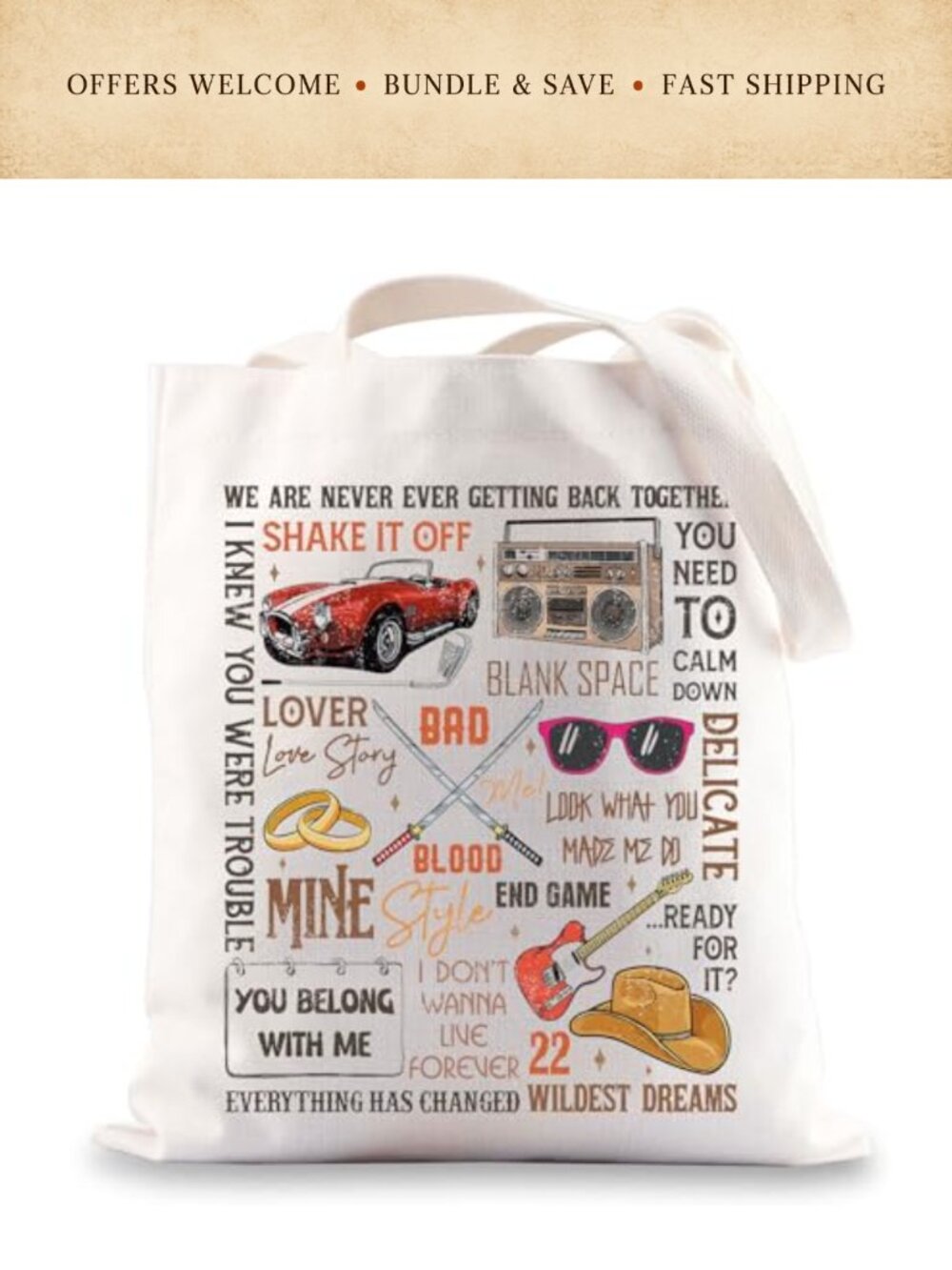 Cotton Canvas Tote Bag Singer Album Song Lyrics Shoulder Bag